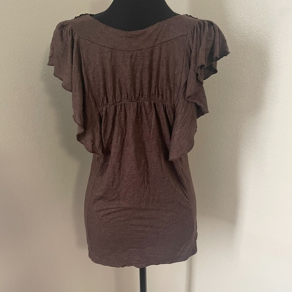 Y2K VANITY Womens Sz L Brown Sequin Embellished Ruffle Sleeve Stretch Top VTG - Picture 6 of 9